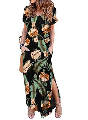 Camdoria Women's Summer Casual V-Neck Maxi Dresses Short Sleeve Split Loose Long Dress with Pockets Summer Beach Shirt Dress