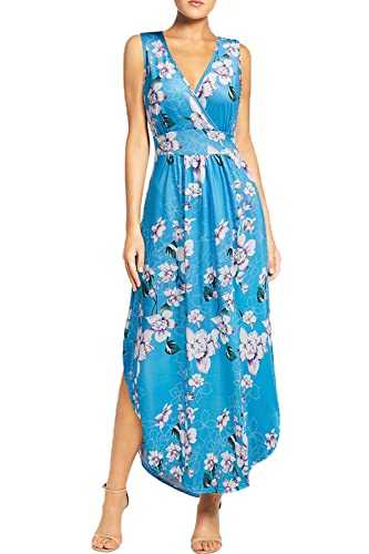 Women Sleeveless Deep V Neck Pocket Loose Long Dress Split Maxi Casual Dresses