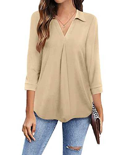 Newchoice Womens Collared V Neck 3/4 Sleeve Shirts Business Casual Tops Loose Work Blouses (S-3XL)