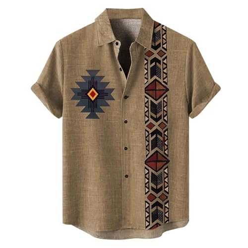 Men's Cotton Linen Shirt Vintage Ethnic Style Short Sleeve Button Casual Beach Blouse Top Fashion Aztec Printed Summer Shirt(Coffee,4XL)
