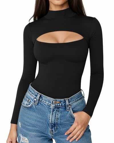 ALGALAROUND Cutout Tops for Women Fitted Mock Turtleneck Short Sleeve Long Sleeve T-Shirt