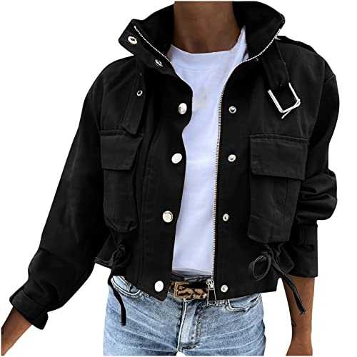 AMhomely Womens Bomber Military Jackets Full Zip Flight Jacket Lightweight Jacket Pockets Utility Military Jacket Cropped Tops Coats