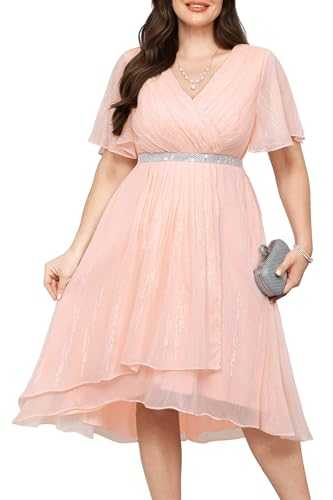Pinup Fashion Women Plus Size Cocktail Dress - Formal Wedding Guest High Low Pleated Wrap V Neck Dresses 2025