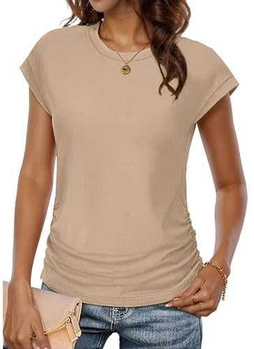VVNTY Women's Summer Tops Trendy 2025 Ruched Cap Short Sleeve Tshirts Shirts Crew Neck T Shirts Fashion