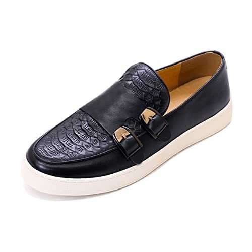 Men's Double Buckle Casual Shoes Genuine Leather Loafers Comfortable Flats