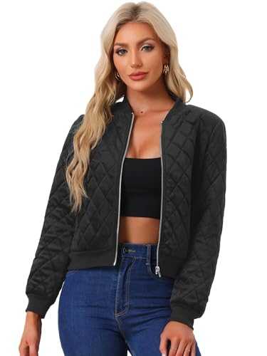 Allegra K Women's Winter Outwear Zipper Velvet Surface Diamond Quilted Bomber Jacket with Pockets