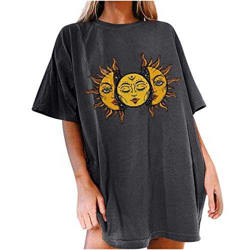 Women's Summer T-Shirt Vintage Sun and Moon Graphic Printed Tees Short Sleeve Crewneck Oversize Tops Loose Fit Casual T Shirt Tops Women's Plus Size T-Shirts Short Sleeve Tops Loose Fit Blouse