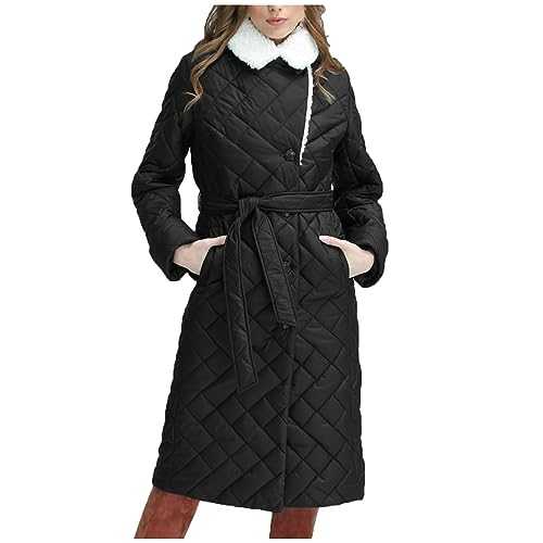 Zeiayuas Women's Long Down Jacket Winter Puffer Jackets Warm Faux Fur Collar Coat with Belted Pockets Ladies Quilted Parka Jacket Waterproof Padded Overcoat Outdoor Ski Hiking Fleece Thicken Outwear
