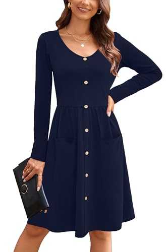 OUGES Women's Long Sleeve V Neck Button Down Midi Skater Dress with Pockets(Navy,L)