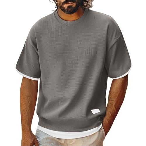 Designer T Shirts Men Solid Waffle Fake Two Pieces Crew Neck Short Sleeve Regular Fit T Shirt Lightweight Summer Casual Tops