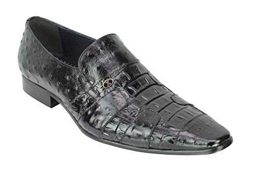 Xposed Mens Retro 2 Tone Polished Real Leather Black, Cream Blue Snakeskin Print Slip on Dress Party Shoes