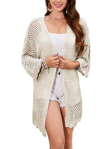 Famulily Women's Crochet Cardigan Hollowed Out 3/4 Sleeve Open Front Casual Cardigan Summer Outwear Cover Up