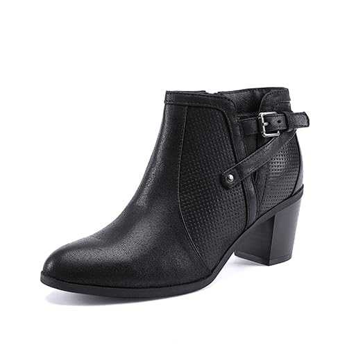 EETTARO Women's Chunky Heel Ankle Boots Fashion Pointed Toe Booties Side Zipper Buckle Shoes