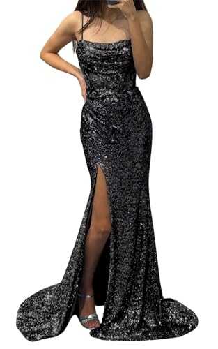 Homiily Mermaid Sequin Prom Dress Long Cowl Neck Spaghetti Straps Evening Gowns with Slit Appliques