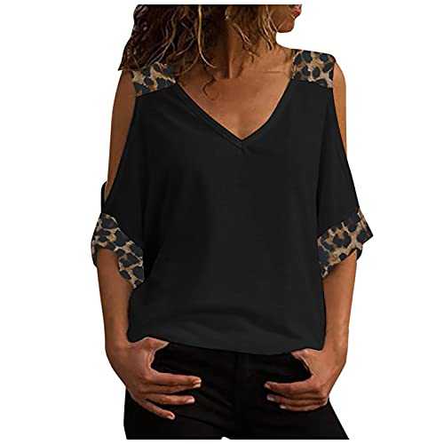 AMhomely Women Casual Leopard Print Short Sleeve V-Neck Cold Shoulder Shirt Blouse Tops Sale Clearance UK Size