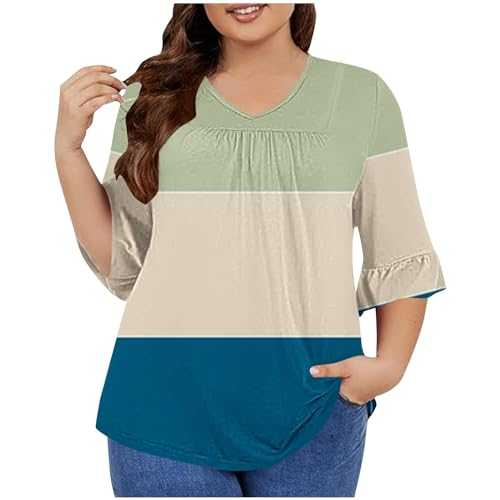 AMhomely Ladies Tops Blouses for Women UK Plus Size 3/4 Sleeve T Shirts Colorblock Casual Tunic Tops Crewneck Casual Pullover Tops Blouse Elegant Pleated Shirts Office Work T Shirts