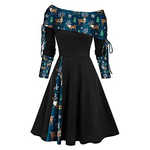 Womens Beach Dress Women's Autumn and Winter Long Sleeve Off Shoulder Solid Color Christmas Print Patchwork Button Dress 4 Spanking Dress