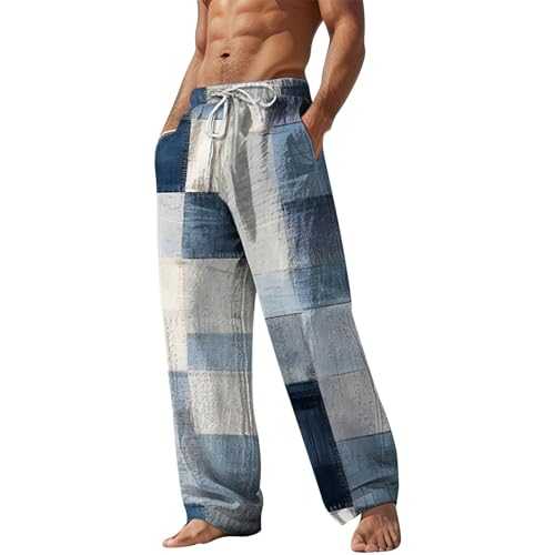 Mens Linen Beach Pants, Colorblocked Drawstring Hawaii Yoga Trousers with Novelty Print, Elastic Waist Summer Straight Leg Pants, Loose Fit Light Beach Joggers Hippie Long Pant with Pockets