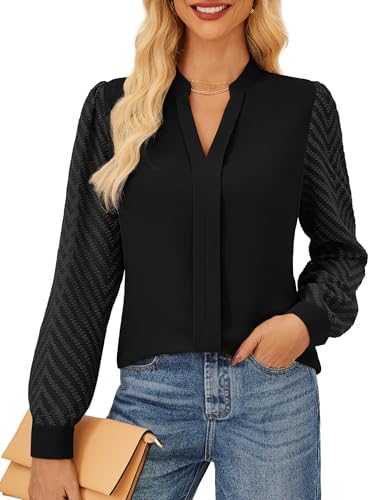 GRACE KARIN Women's Elegant Blouse Textured Semi-Sheer Sleeves Office Work Shirt Classic Henry V Neck Tops