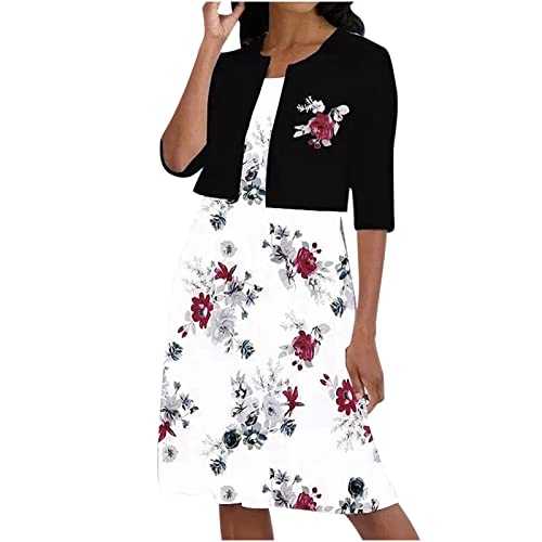 Summer Elegant Dresses Women Office Wedding Guest Dresses UK Clearance Sexy Tunic Dress Two-Piece Ladies Summer Printed Round Neck Elegant A Line Sling Dress Cardigan Tops Set