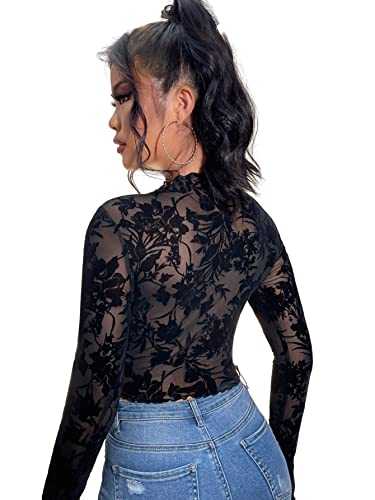 GORGLITTER Women's Mesh Sheer Floral Print Sexy Crop Tee Tops Lettuce Trim Long Sleeve Fitted T Shirt