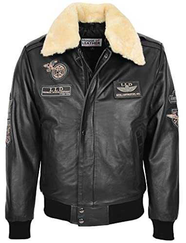 Mens Real Leather Bomber Jacket Detachable Collar Aviator Style Pilot-N