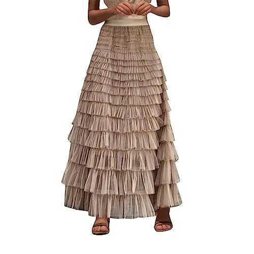 AMDOLE Fancy Dress for Adults Skirt Long Tutu Skirt Ruffle Mesh Vintage Calf Length Chiffon High Waist Bubble Skirt Ladies Dresses