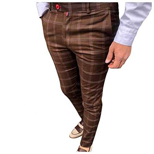 Men's Plaid Suit Pants Straight Trouser, Hipster Lightweight Quick Dry Stitching Thin Belt Loops Button Elastic Waist Athletic Biker Tracksuit Bottoms with Double Pocket Tights Stretchable Sweat Pant