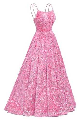Women's Sequin Prom Dresses Long A Line Ball Gown Sparkly Spaghetti Strap Winter Formal Evening Dress