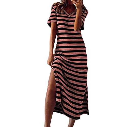 Skang party dresses for women UK Womens Summer Stripe Maxi Dress Short Sleeve V Neck Casual Loose Long Beach Split Dresses Knee-Long dresses