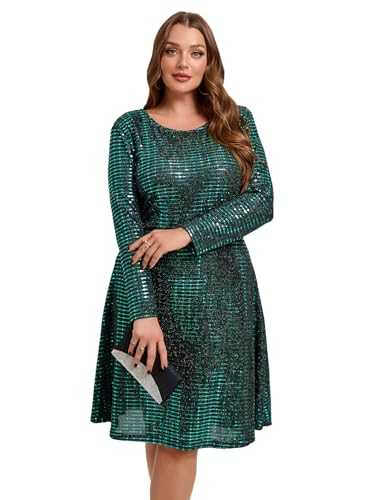 Cute Ann Womens Plus Size Elegant Metallic Swing Dress Long Sleeve Scoop Neck Formal Cocktail Party Prom Wedding Guest Dress