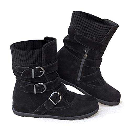 Dernolsea Women's Faux Fur Lined Mid Calf Winter Snow Boots Zip Up Flat Pixie Slouch Boots