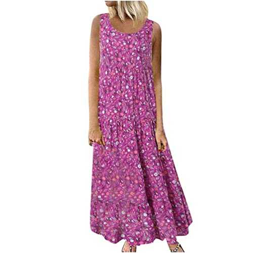 AMhomely Summer Dresses for Women Plus Size Casual Sleeveless Floral Daily Linen Print Long Maxi Dress Loose T Shirt Dress Beach Vacation Boho Flowy Long Sundress