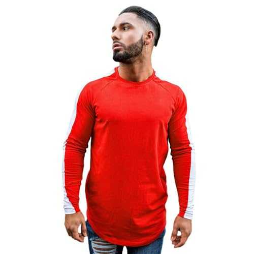 OWLKAY Men's Longsleeve Tops Slim Fit Round Neck Men's Color Matching T-Shirt Daily Wear Classic Men's All-Match Basic Shirt Simplicity Casual Men Long Sleeve Shirts