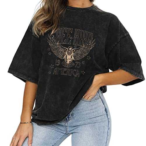 Vintage Rock Band T-Shirts for Women Retro Free Bird Eagle Graphic Country Music Tees Casual Loose Short Sleeve Tops