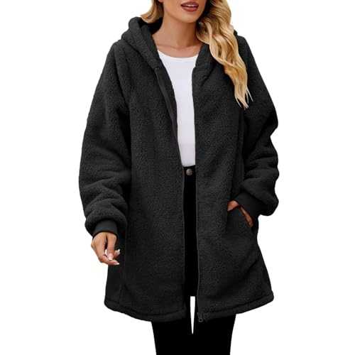 Women's Coats Women's Solid Color Fashion Casual Pocket Zipper With Hat Long Coat Womens Denim Jackets Teddy Bear Coats For Women