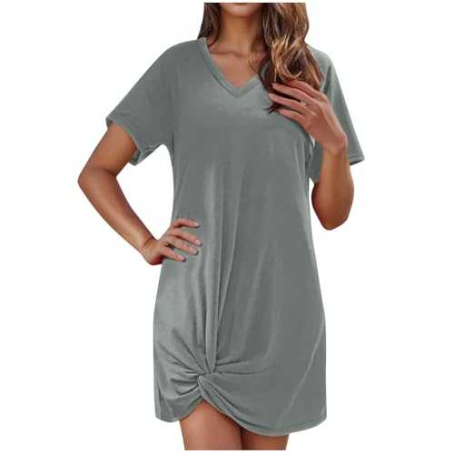 Summer Dresses for Women UK Beach Casual Dress Short Sleeve V Neck T-Shirt Dress Side Twisted Beachwear Cover Ups Plain Mini Sundress Sale Clearance Going Out Holiday Clothes