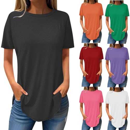 Women Tunic Tops Short Sleeve T Shirts Crewneck Casual Loose Fit Blouse Summer Fashion Tshirts Ladies Work Office Tee Shirt Solid Color Basic Longline Top with Leggings Plus Size 8-18