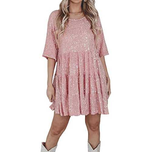 Qianderer Womens Sequin Mini Dress Short Sleeve Casual Sparkly Glitter Tunic T Shirt Dress Tiered Party Club Disco Dance Mini Dresses