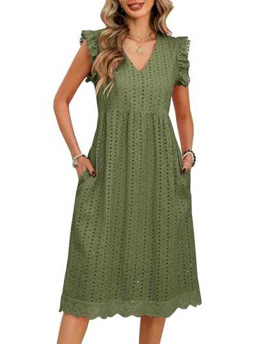 Women's Summer Dresses Casual V-Neck Ruffle Sleeve Midi Dress Elegant A-Line Loose Dresses Cotton Boho Style Beach Dresses Sundress with Pockets