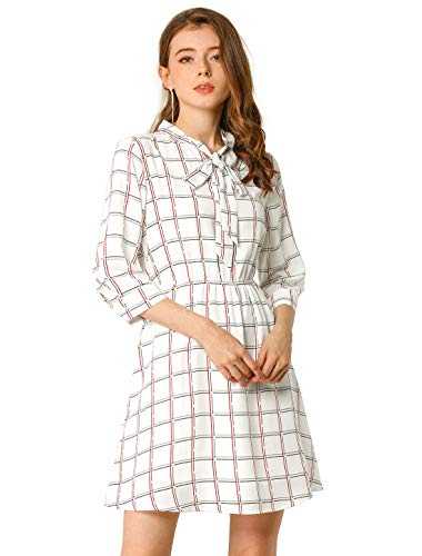 Allegra K Women's Vintage Work Plaid Print Tie Neck 3/4 Sleeves Above Knee Check Dress White 8