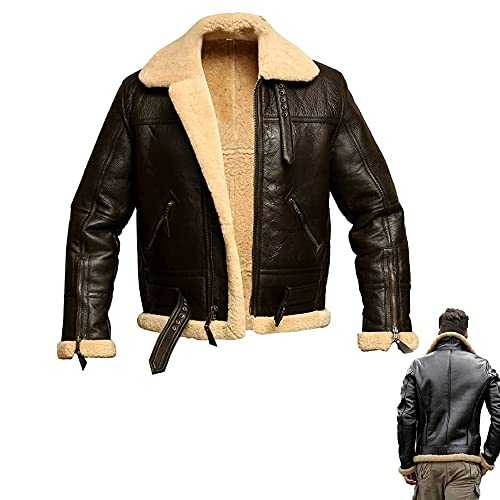 SITAILI Bomber Leather Jackets Coat for Men, RAF Aviator Shearling Fur Collar Sheepskin Lapel Plus Velvet Thick Fit Zipper Leather Winter Jacket