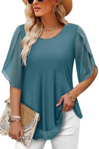 KISSMODA Ruffle 3/4 Sleeve Tops Flowy Hem Crewneck Shirts Loose Fit Blouses