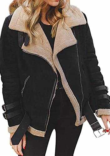 YMING Ladies Vintage Suede Jackets Parka Lapel Fleece Collar Belted Warm Loose Fashion Coats