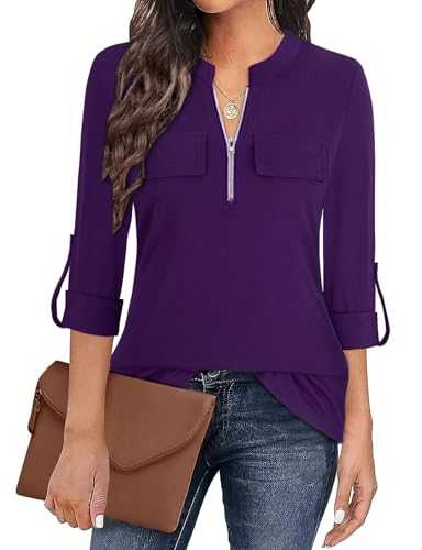 Gemulate Womens Tops 3/4 Sleeve Tops for Women Polo Top Floral Printed Shirts with Zip Up V Neck Tunic Blouse Basic Tops