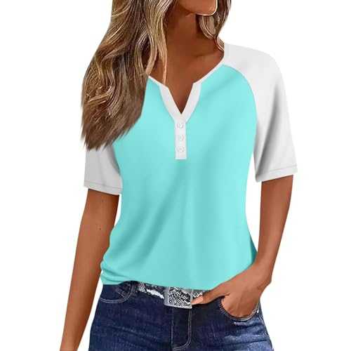 T Shirts for Women Elegant V Neck Short Sleeve Color Block Blouses Summer Tops Casual Loose Tee 2024 Trendy