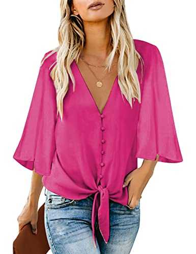 luvamia Women's Casual Long Balloon Sleeve V Neck Loose Button Down Shirts Tie Knot Tops Blouse