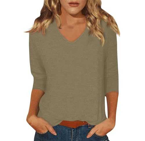 Women's Casual 3/4 Sleeve T Shirt Round Neck Trendy Solid Colour Single Top Basic T Shirt Shirt Loose Fit Pullover