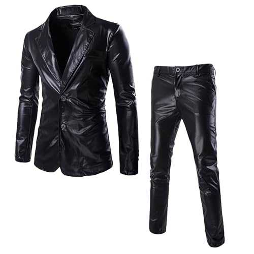 Men's Black Faux Leather Tracksuit 2 Piece Smart Casual Solid Colour Suit Stylish Jacket and Dressy Pants with Pockets, Formal Dressy Occasion Party Blazer Sweatshirt and Trousers Set.