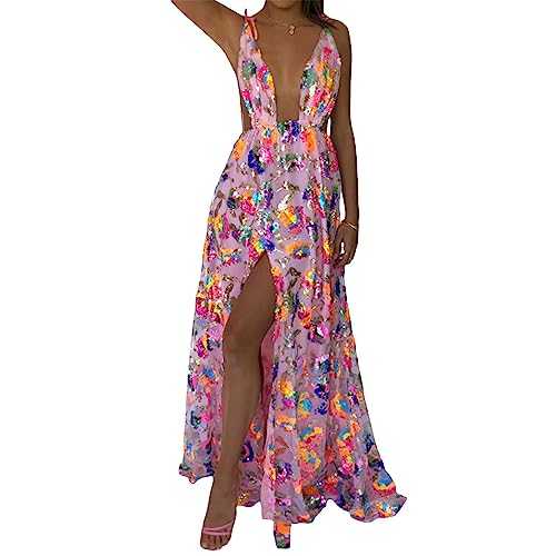 FeMereina Women Sequins Prom Long Dress Sparkly Deep V-Neck Backless High Slit Maxi Dress Glitter Sleeveless Spaghetti Tie Strap Party Cami Dress